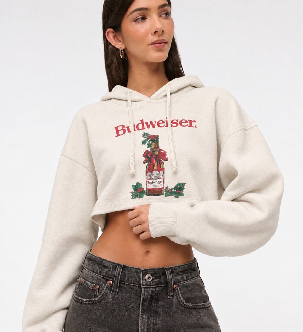Budweiser Women's L Cream Christmas Beer Bottle Cropped Oversized Hoodie NWT